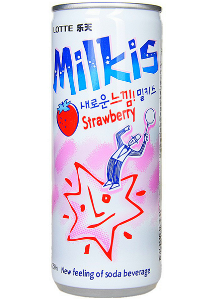 Milkis, mleczny napój gazowany o smaku truskawkowym z witaminami 250ml - LOTTE