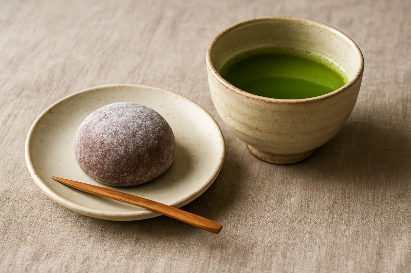 Tradycyjna matcha w czarce podawana z ciasteczkiem mochi