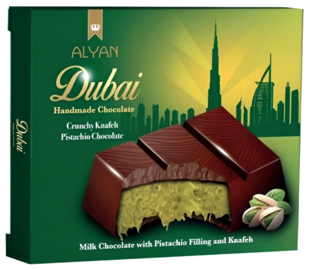 2 x Dubai Handmade Chocolate, zestaw czekolad dubajskich z kremem pistacjowym i ciastem kataifi - mleczna i biała 100g Alyan