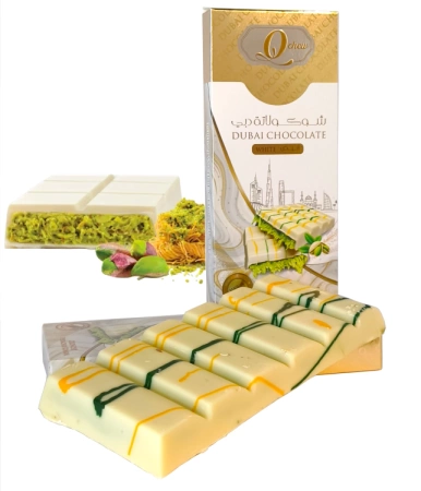 2 x Dubai Chocolate, zestaw czekolad dubajskich z kremem pistacjowym i ciastem kataifi - mleczna i biała 160g Q Chew