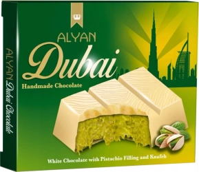 Dubai Handmade White Chocolate Crunchy Knafeh Pistachio, dubajska biała czekolada z nadzieniem pistacjowym i ciastem kataifi 100g - Alyan
