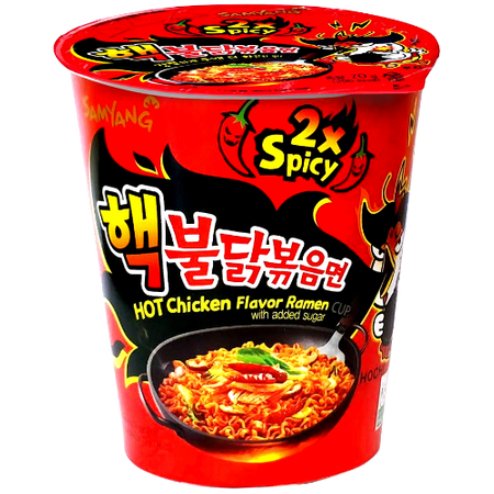 Ramyun Buldak o smaku ostrego kurczaka 2xSpicy w kubku, bombowo ostry 70g - Samyang