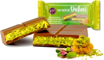 Dubai Chocolate Crunchy Knafeh Pistachio, dubajska mleczna czekolada z kremem pistacjowym i ciastem kataifi 90g - Elit