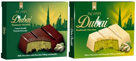 2 x Dubai Handmade Chocolate, zestaw czekolad dubajskich z kremem pistacjowym i ciastem kataifi - mleczna i biała 100g Alyan