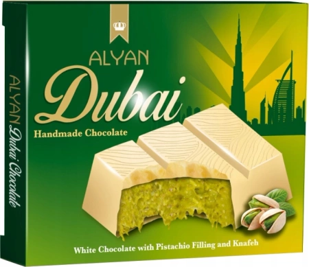 2 x Dubai Handmade Chocolate, zestaw czekolad dubajskich z kremem pistacjowym i ciastem kataifi - mleczna i biała 100g Alyan
