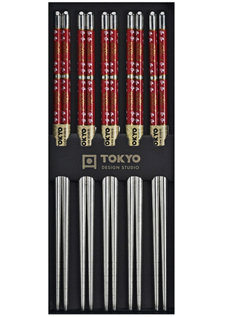 Zestaw pałeczek ze stali nierdzewnej z czerwonym wzorem 22,5cm - 5 par - Tokyo Design Studio
